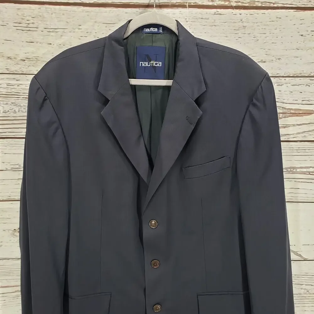 Nautica Men's Blue Wool 3 Button Mini Herringbone Sports Blazer Size 44L